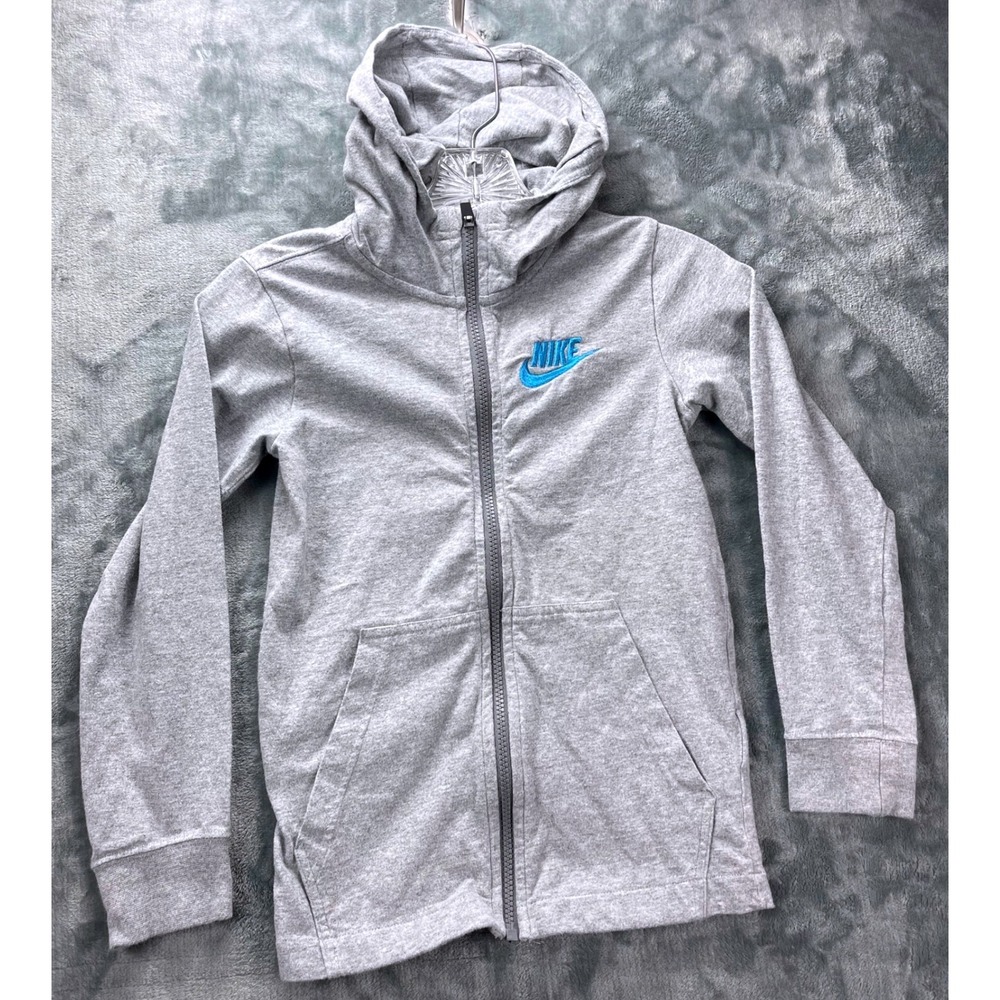 Nike Kids Small Gray Blue Full‎ Zip Hoodie Cotton Logo AA6628-063